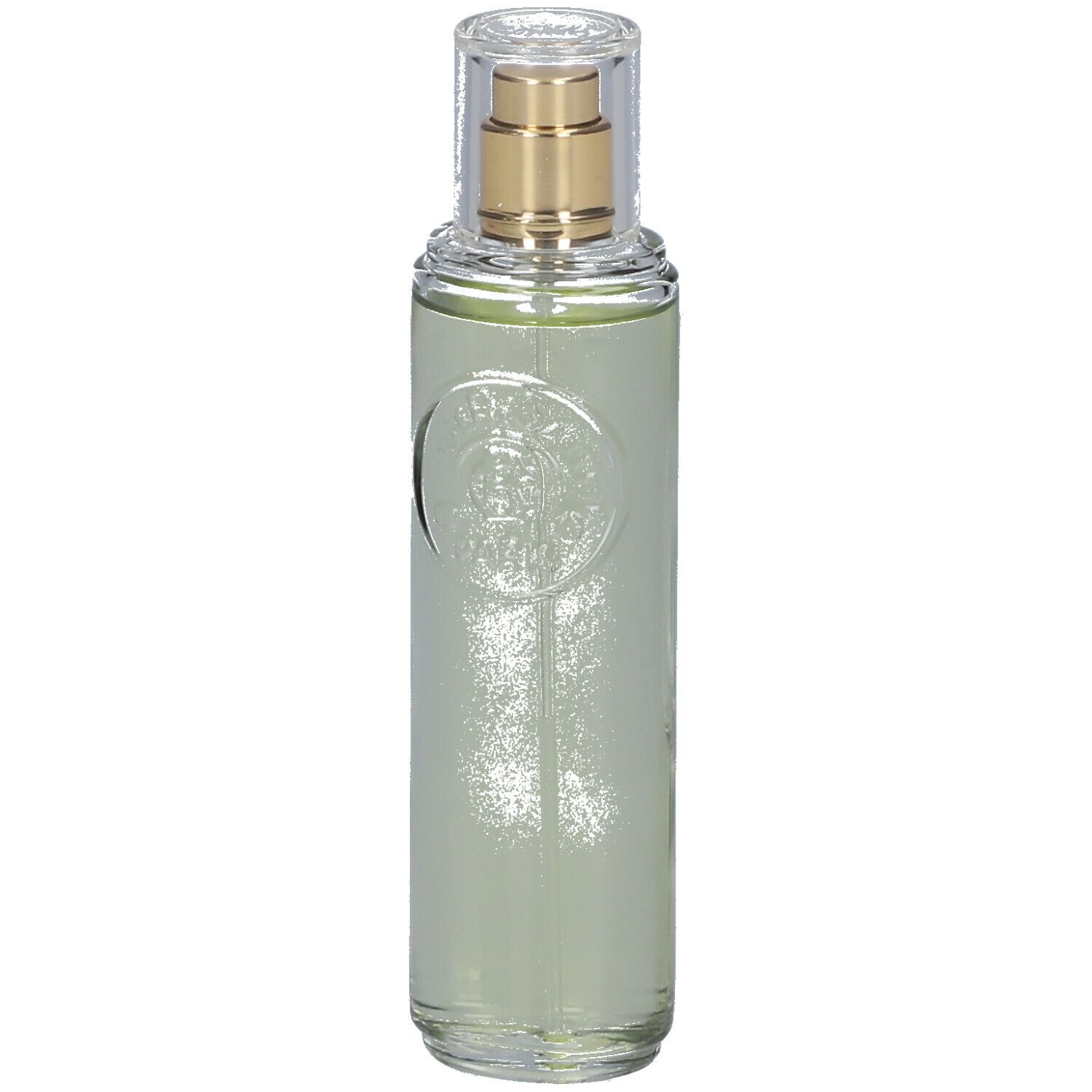 Flacon vaporisateur en verre transparent. Tête de pulvérisation dorée, capuchon transparent. Logo en relief sur le devant.