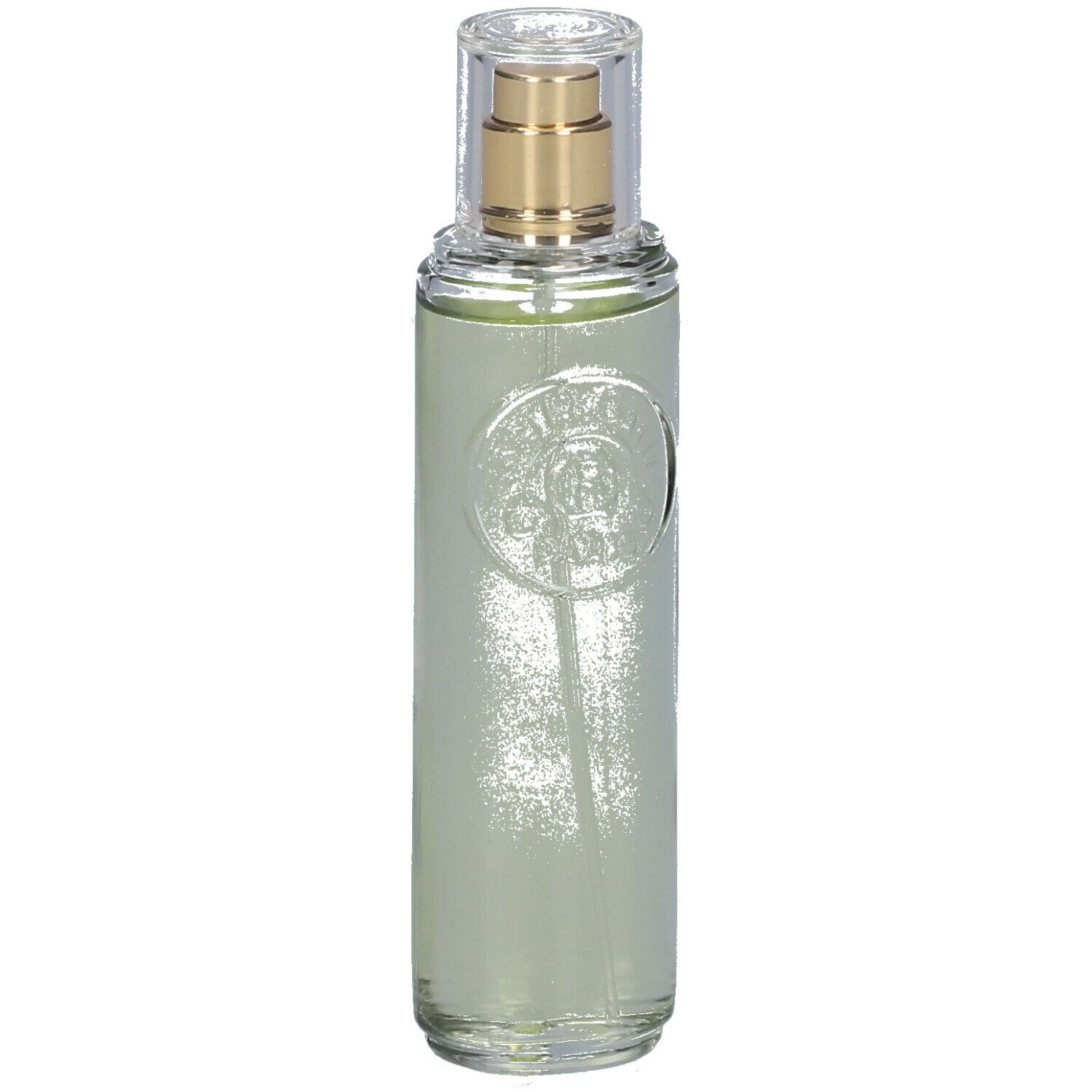 Flacon vaporisateur en verre transparent. Tête de pulvérisation dorée, capuchon transparent. Logo en relief sur le devant.