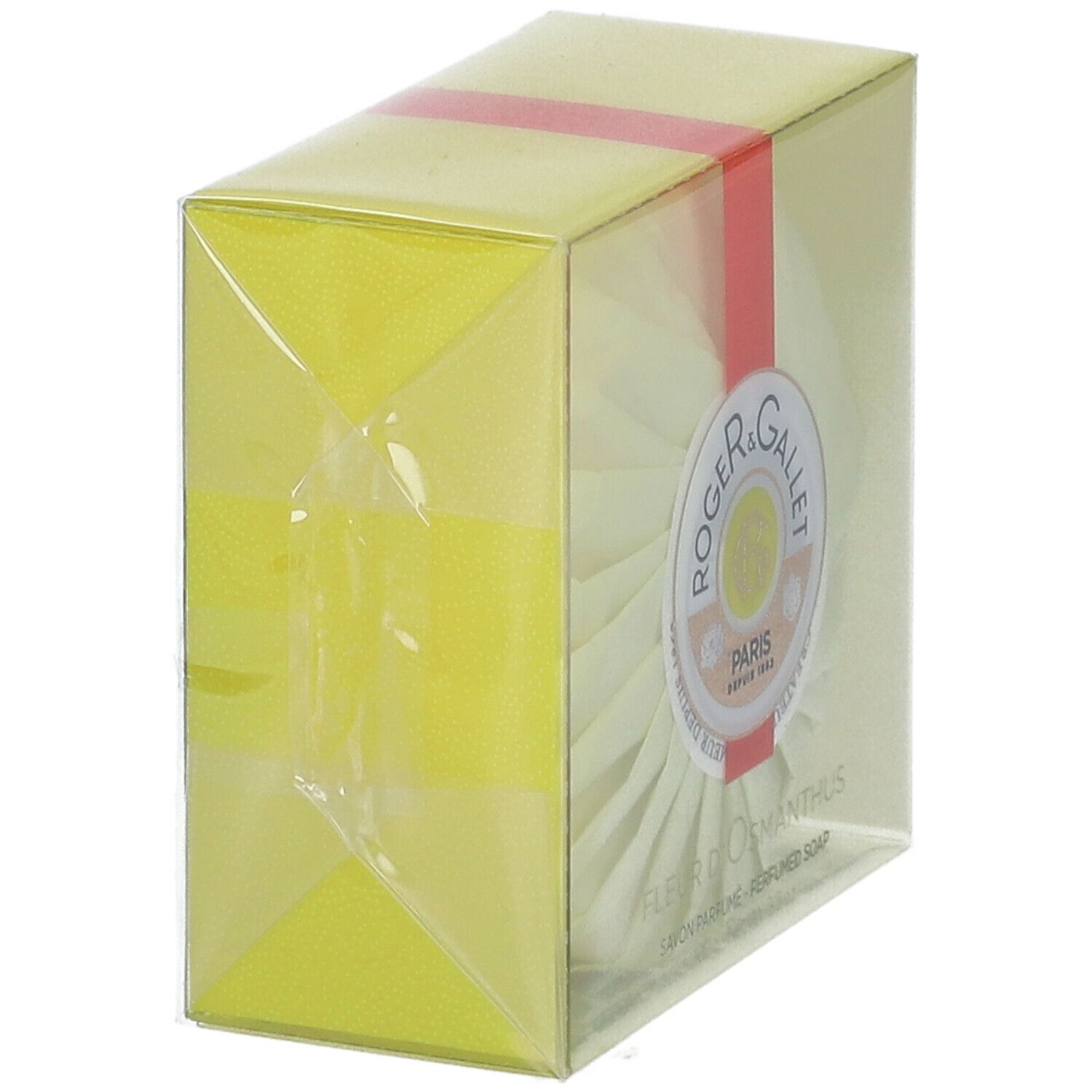 Emballage jaune avec savon rond. Ruban rouge. Logo Roger & Gallet. Emballage transparent.