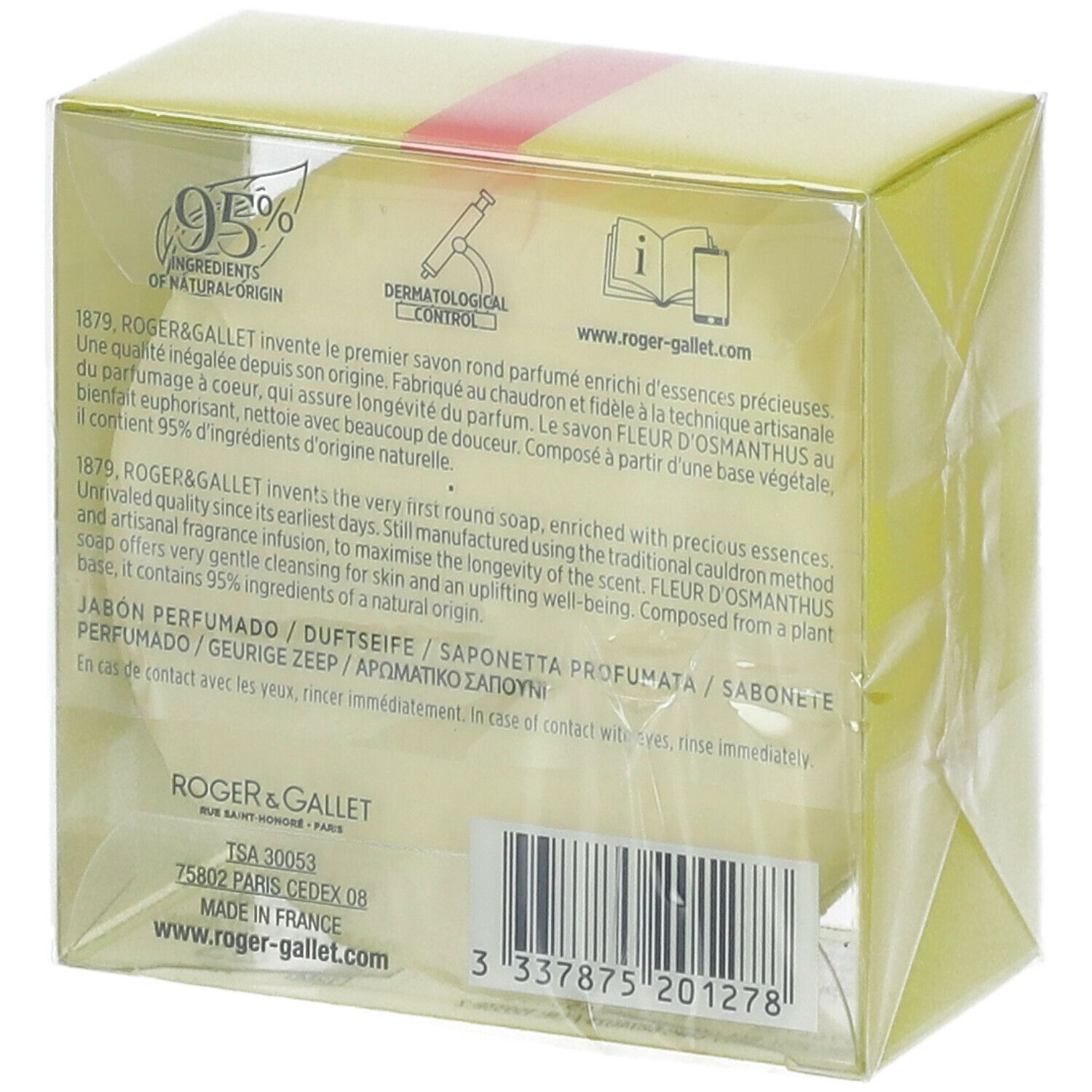 Dos de l'emballage jaune. Texte: Roger & Gallet, Fleur d'Osmanthus. Code-barres. Texte multilingue.