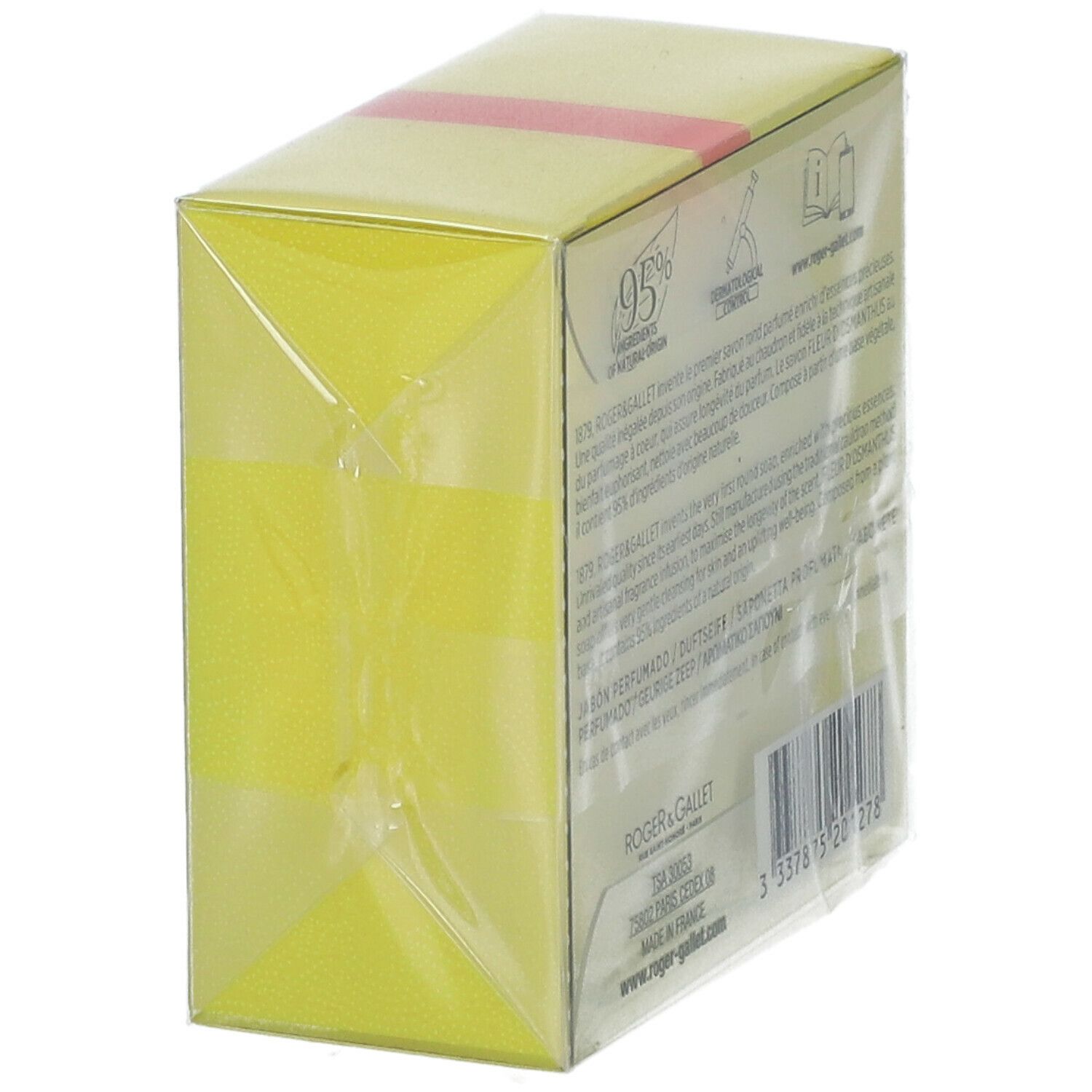 Emballage jaune avec texte et code-barres. Ruban rouge. Logo Roger & Gallet. Emballage transparent.