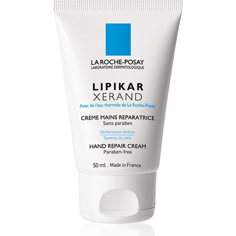 Witte tube La Roche-Posay Lipikar Xerand. Tekst: Zonder parabenen. Hand Repair Cream.