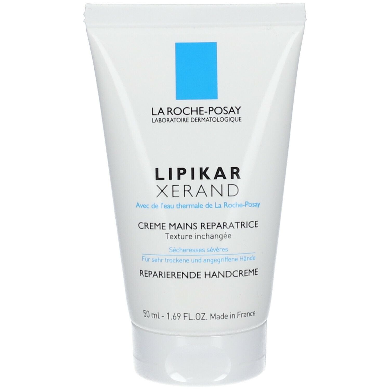 Witte tube La Roche-Posay Lipikar Xerand. Tekst: Herstellende handcrème. Voor zeer droge handen.