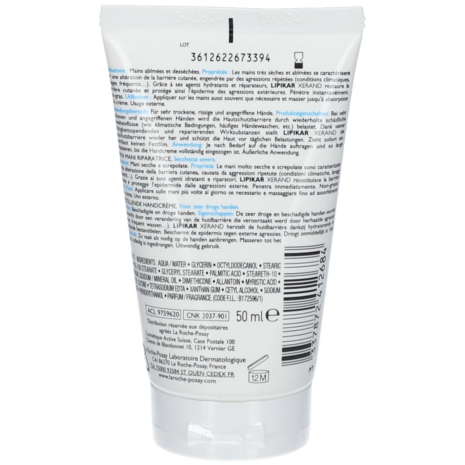Achterkant van de tube La Roche-Posay Lipikar Xerand. Tekst: Ingrediënten, gebruiksaanwijzing, lotnummer, houdbaarheid.