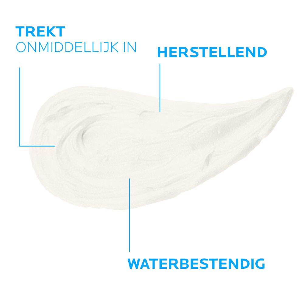 Witte crèmevlek. Tekst: Trekt onmiddellijk in. Herstellend. Waterbestendig.