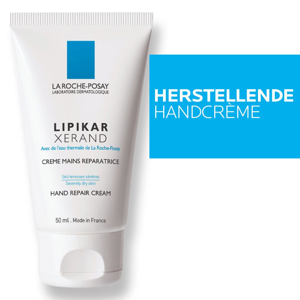Witte tube La Roche-Posay Lipikar Xerand. Tekst: Herstellende Handcrème.