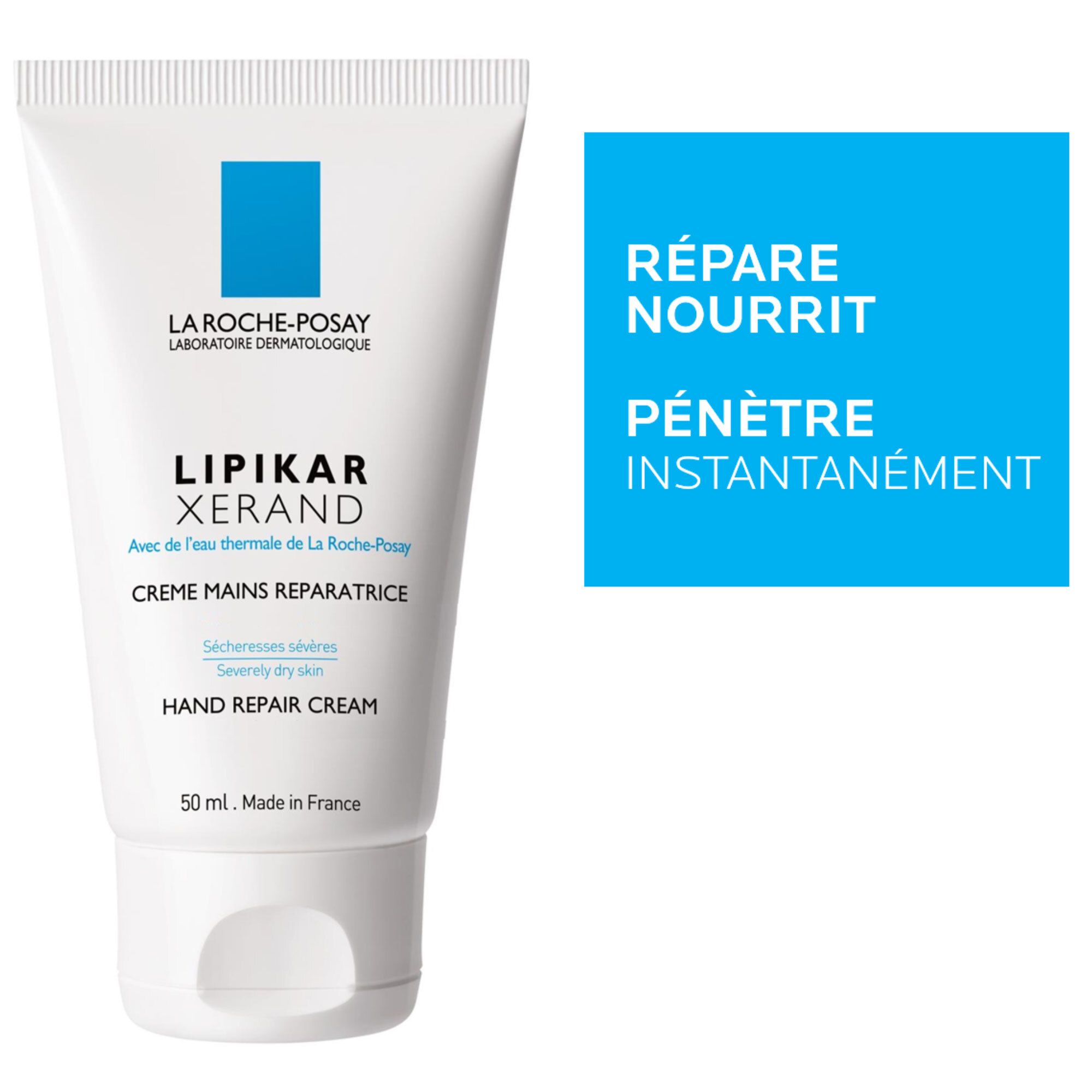 Witte tube La Roche-Posay Lipikar Xerand. Blauwe tekstvakken: Herstelt, voedt, trekt onmiddellijk in.