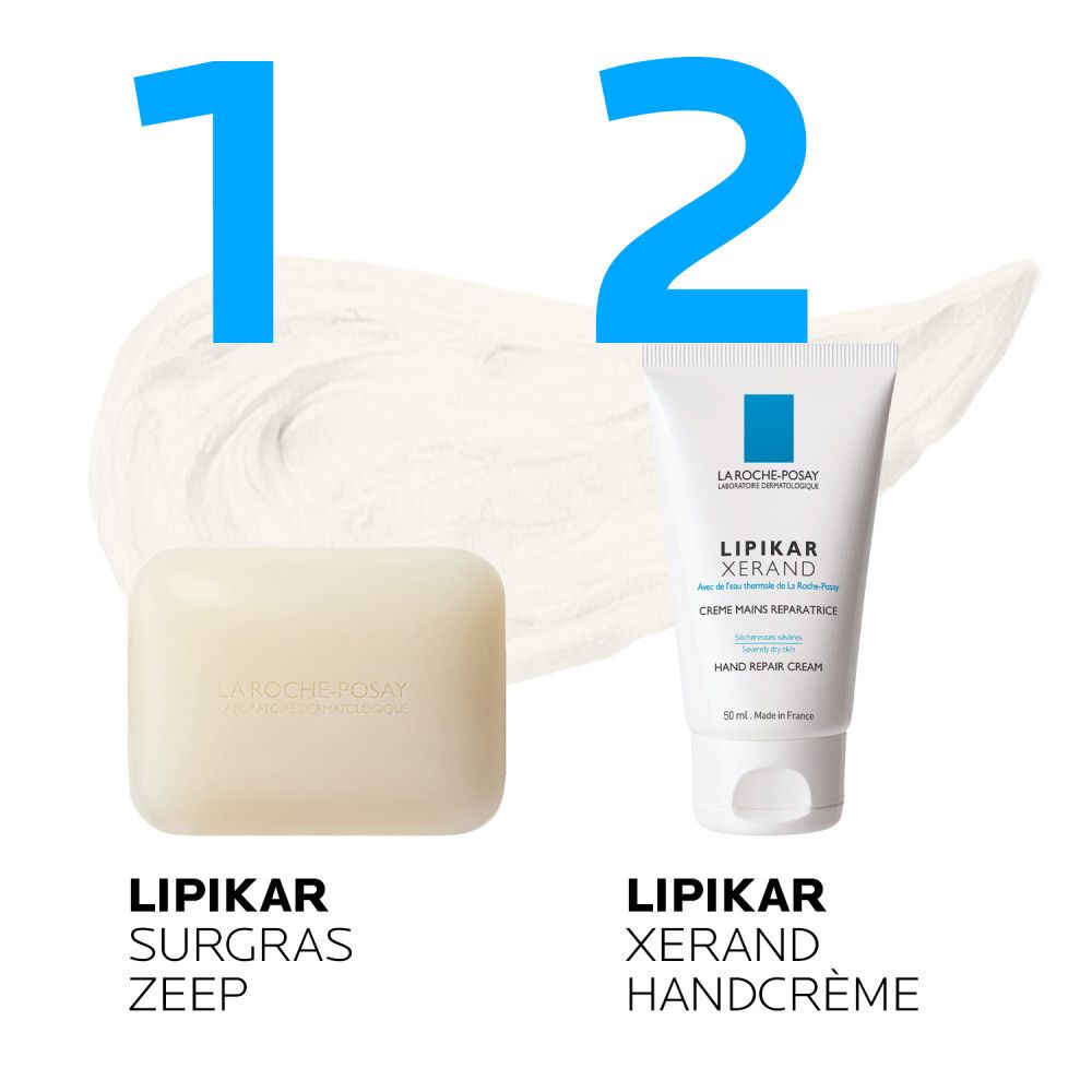 Twee producten: Lipikar Surgras Zeep en Lipikar Xerand Handcrème.