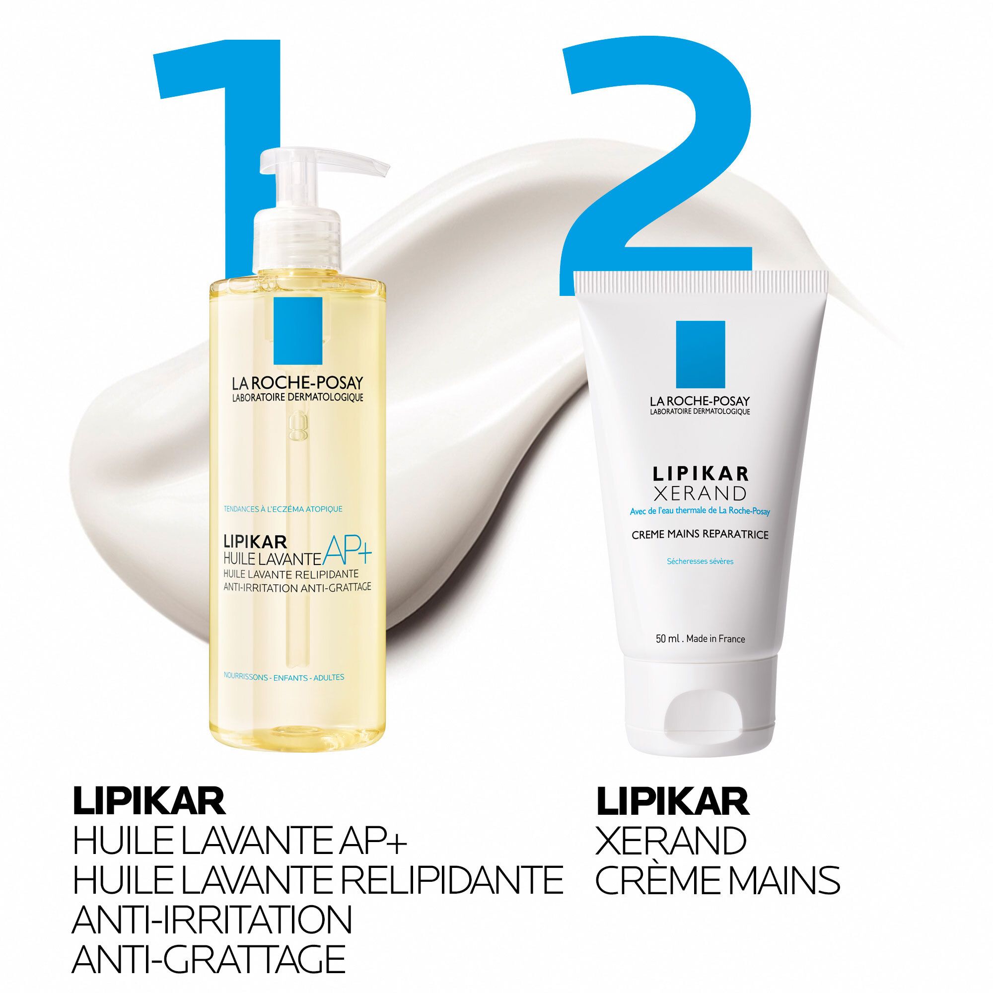 Twee producten: Lipikar Huile Lavante AP+ en Lipikar Xerand Crème Mains. Witte crèmevlek.