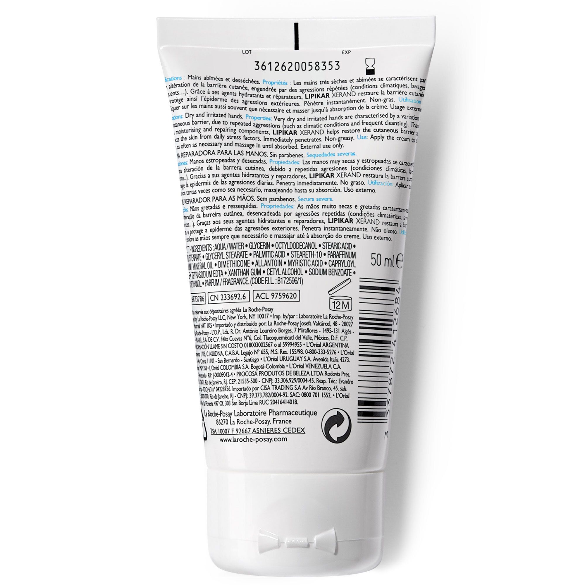 Achterkant van de tube La Roche-Posay Lipikar Xerand. Tekst: Ingrediënten, gebruiksaanwijzing, lotnummer, houdbaarheid.