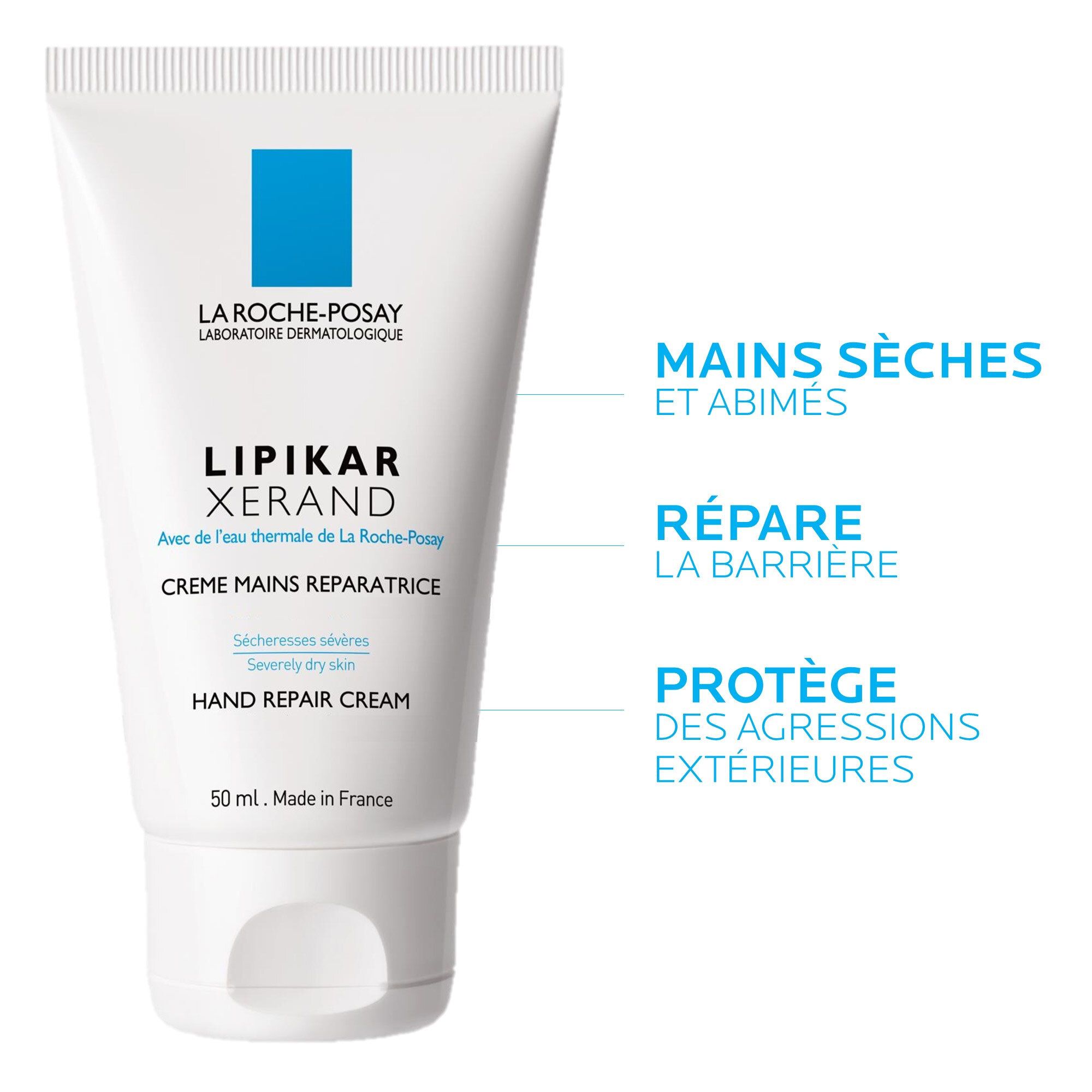 Witte tube La Roche-Posay Lipikar Xerand. Tekst: Droge en beschadigde handen. Herstelt de barrière.