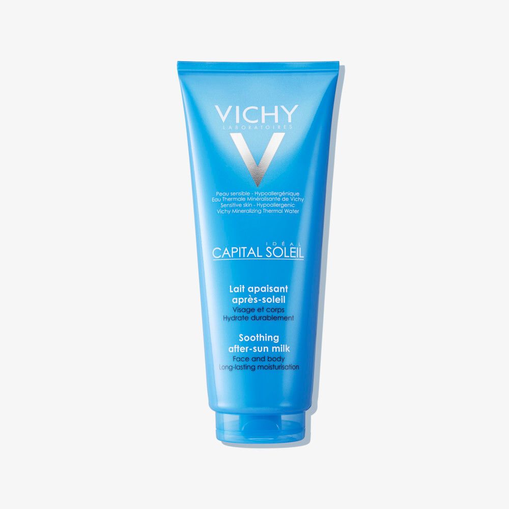 Tube bleu VICHY CAPITAL SOLEIL. Lait après-soleil visage et corps. Hydratation longue durée, peau sensible, hypoallergénique.