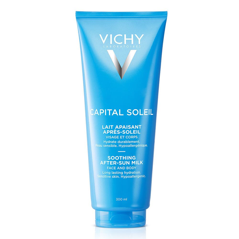Tube bleu VICHY CAPITAL SOLEIL. Lait après-soleil visage et corps. Hydratation longue durée, peau sensible, hypoallergénique.