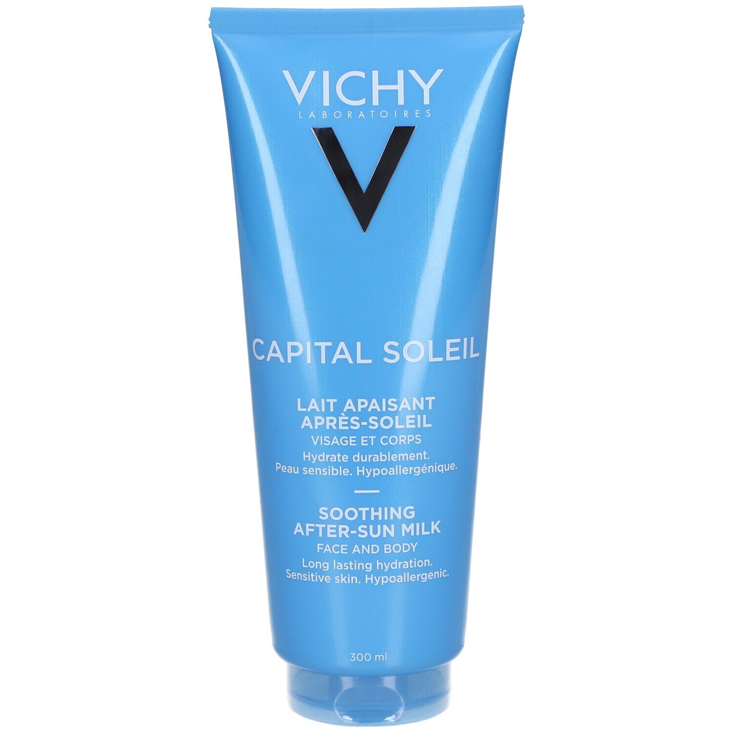 Tube bleu VICHY CAPITAL SOLEIL. Lait après-soleil visage et corps. Hydratation longue durée, peau sensible, hypoallergénique.