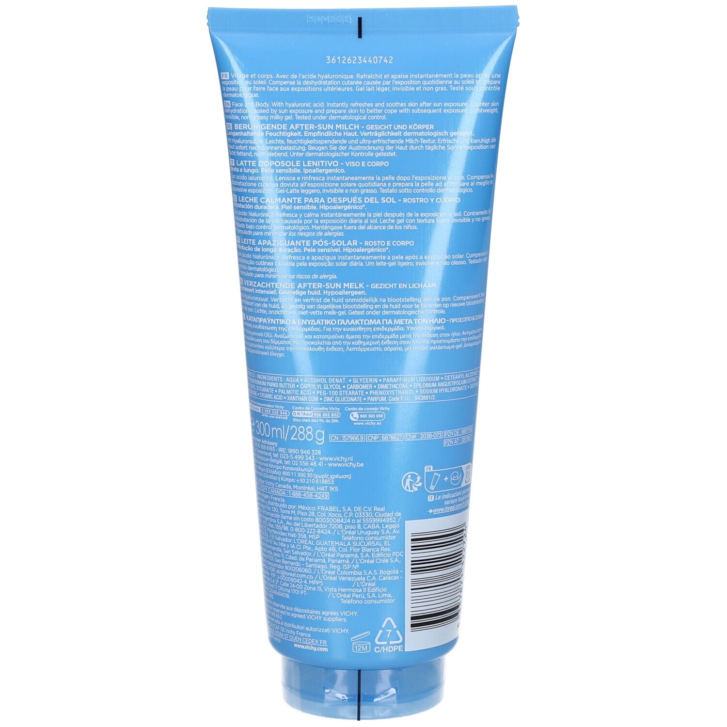 Dos du tube bleu. Texte multilingue. Code-barres et symboles de recyclage. Contient 200ml/268g.