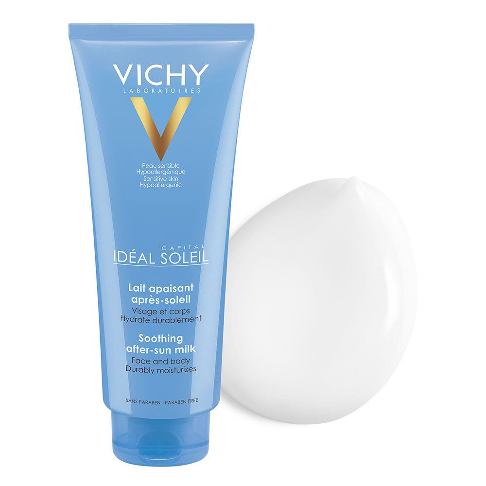 Tube bleu VICHY CAPITAL SOLEIL et crème blanche. Lait après-soleil visage et corps. Hypoallergénique.