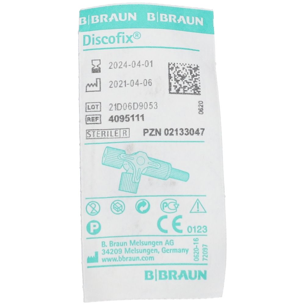 Label met productinformatie. Tekst: B. Braun, Discofix, lotnummer, referentie, steriel. CE-markering.
