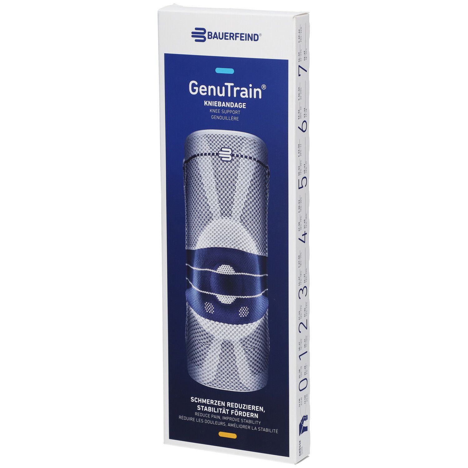 Emballage de l'orthèse de genou GenuTrain de Bauerfeind. Image du produit, informations sur les tailles et le produit.