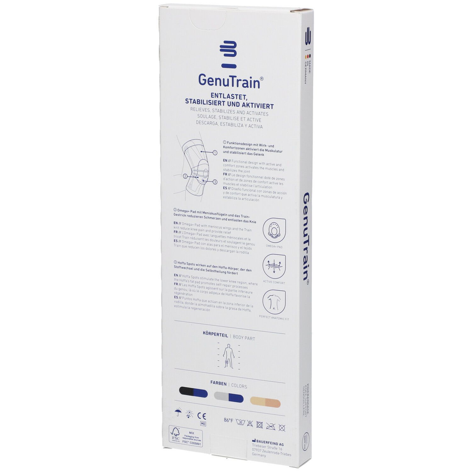 Dos de l'emballage GenuTrain. Informations sur le produit, pictogrammes et indications de taille.