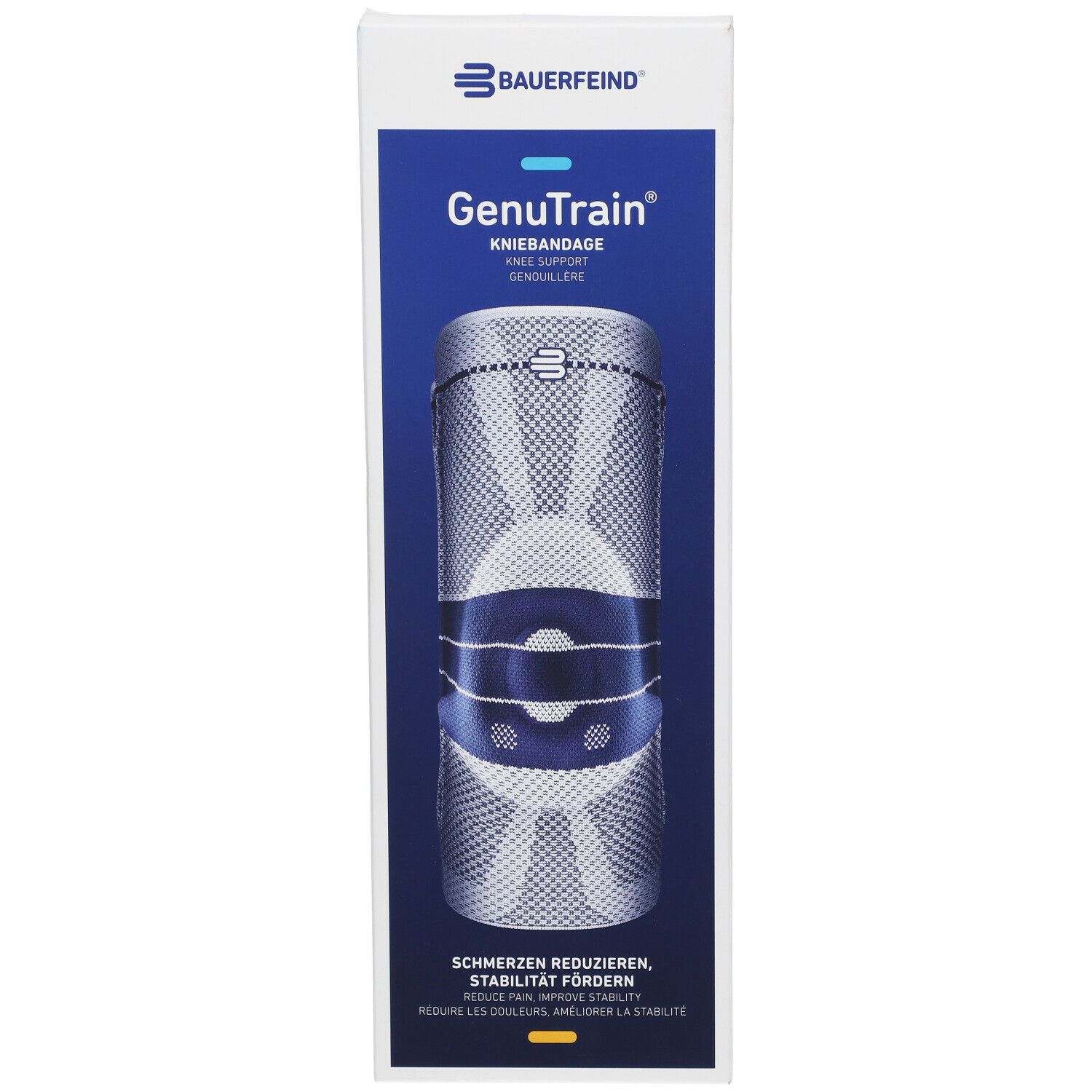 Emballage de l'orthèse de genou GenuTrain de Bauerfeind. Image du produit et informations sur le produit.