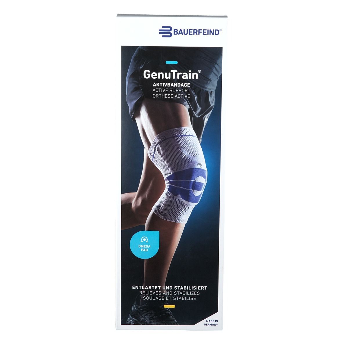 Genouillère Genutrain sur une jambe. Marque Bauerfeind. Image du produit sur une jambe. Texte : Active Support, soulage et stabilise.