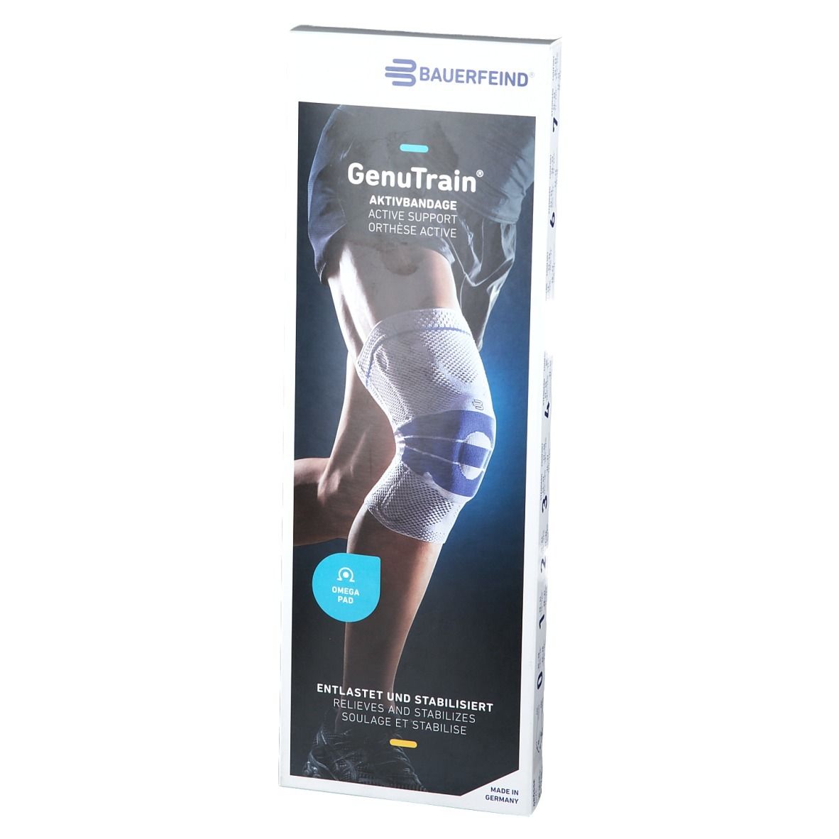 Genouillère Genutrain dans son emballage. Marque Bauerfeind. Image du produit sur une jambe. Texte : Active Support, soulage et stabilise.