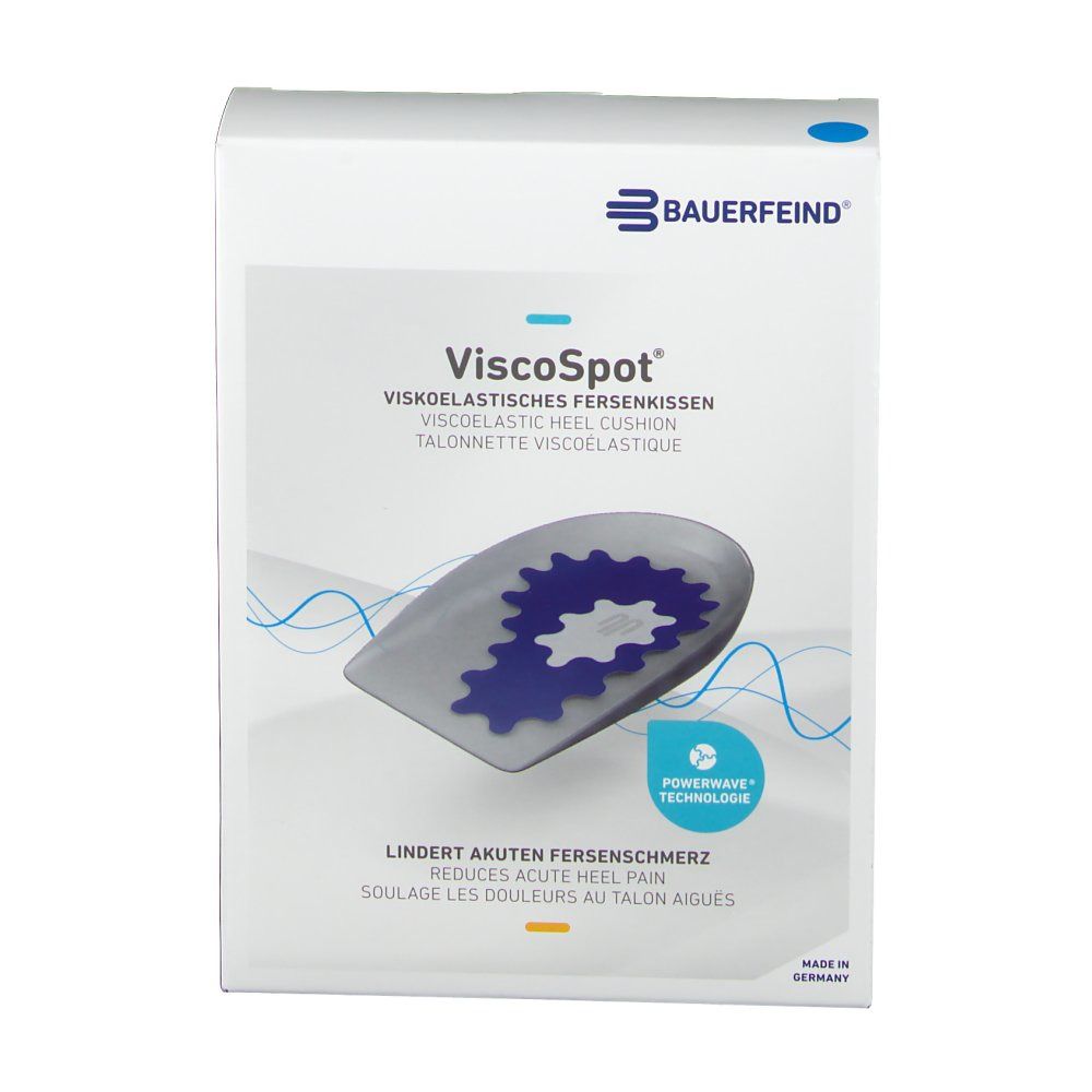 Weißer Karton mit Viscospot Fersenkissen. Produktname und Logo Bauerfeind. Viskoelastisches Fersenkissen abgebildet. Text: Lindert akuten Fersenschmerz.