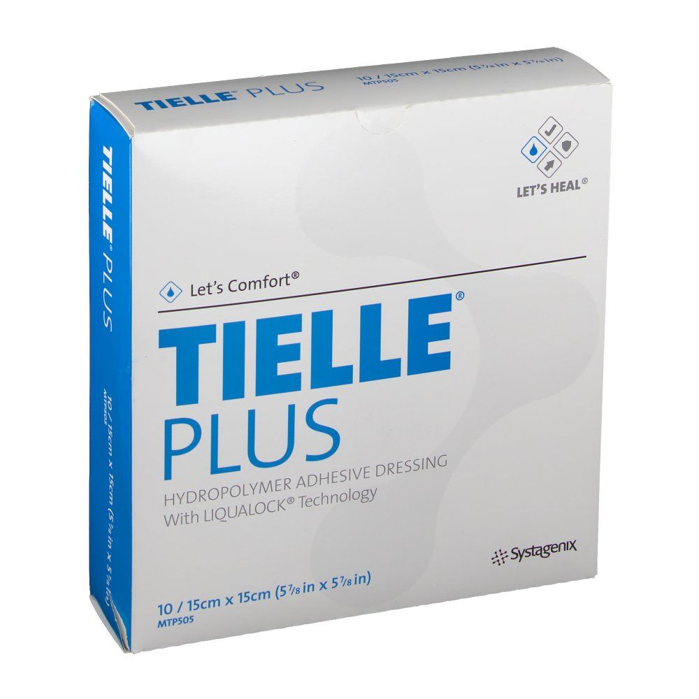 Confezione di Tielle® Plus. Scritto: Medicazione adesiva idropolimero con tecnologia LIQUALOCK®. Dimensioni: 10/15cm x 15cm.