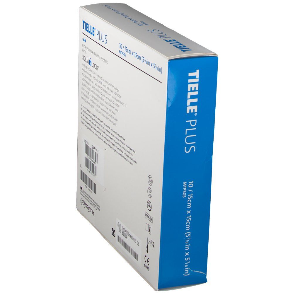 Vista laterale della confezione Tielle® Plus. Testo: Tielle® Plus, 10/15cm x 15cm. Contiene informazioni sull'uso.