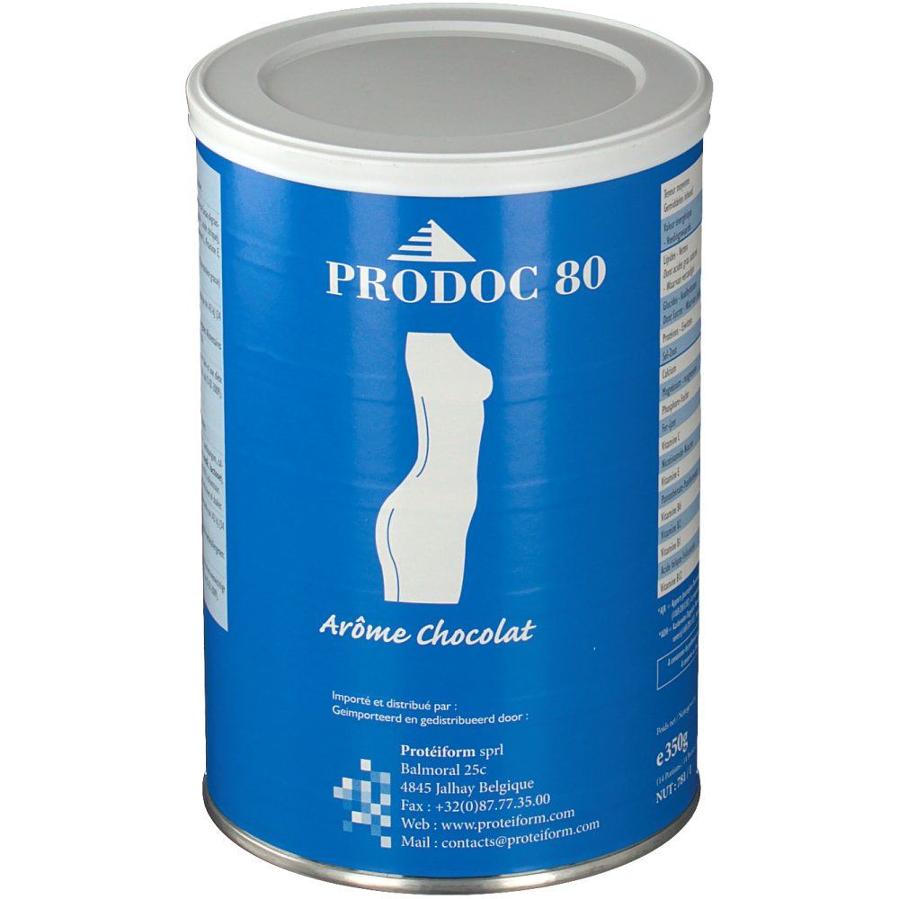 Boîte bleue avec couvercle blanc. Inscription PRODOC 80, silhouette, « Arôme Chocolat ». Informations fabricant.