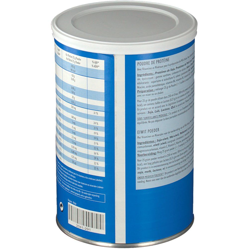 Boîte bleue, dos avec tableau nutritionnel et liste d'ingrédients. Fond blanc avec texte bleu.