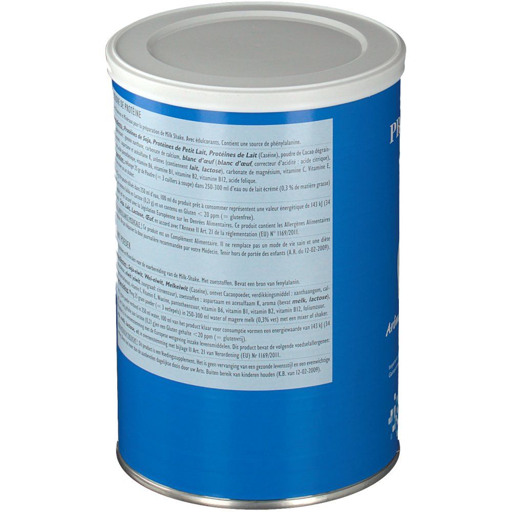 Boîte bleue, côté avec texte. Fond blanc avec texte bleu. Contient des informations sur le produit.