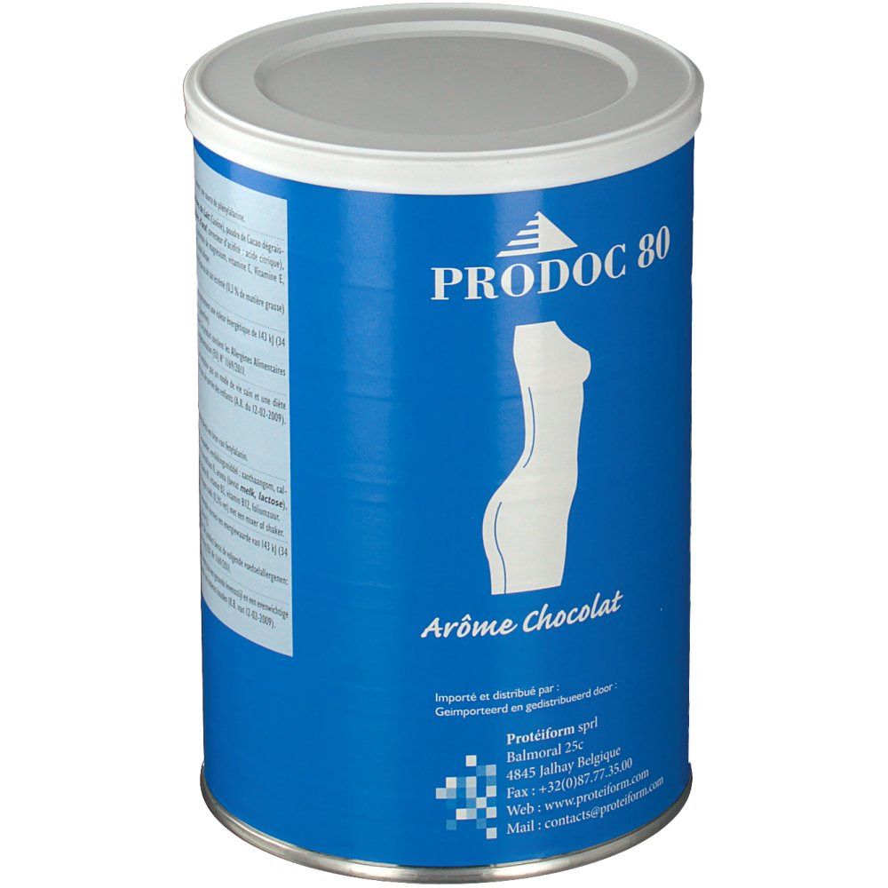 Boîte bleue avec couvercle blanc. Inscription PRODOC 80, silhouette, « Arôme Chocolat ». Informations fabricant.