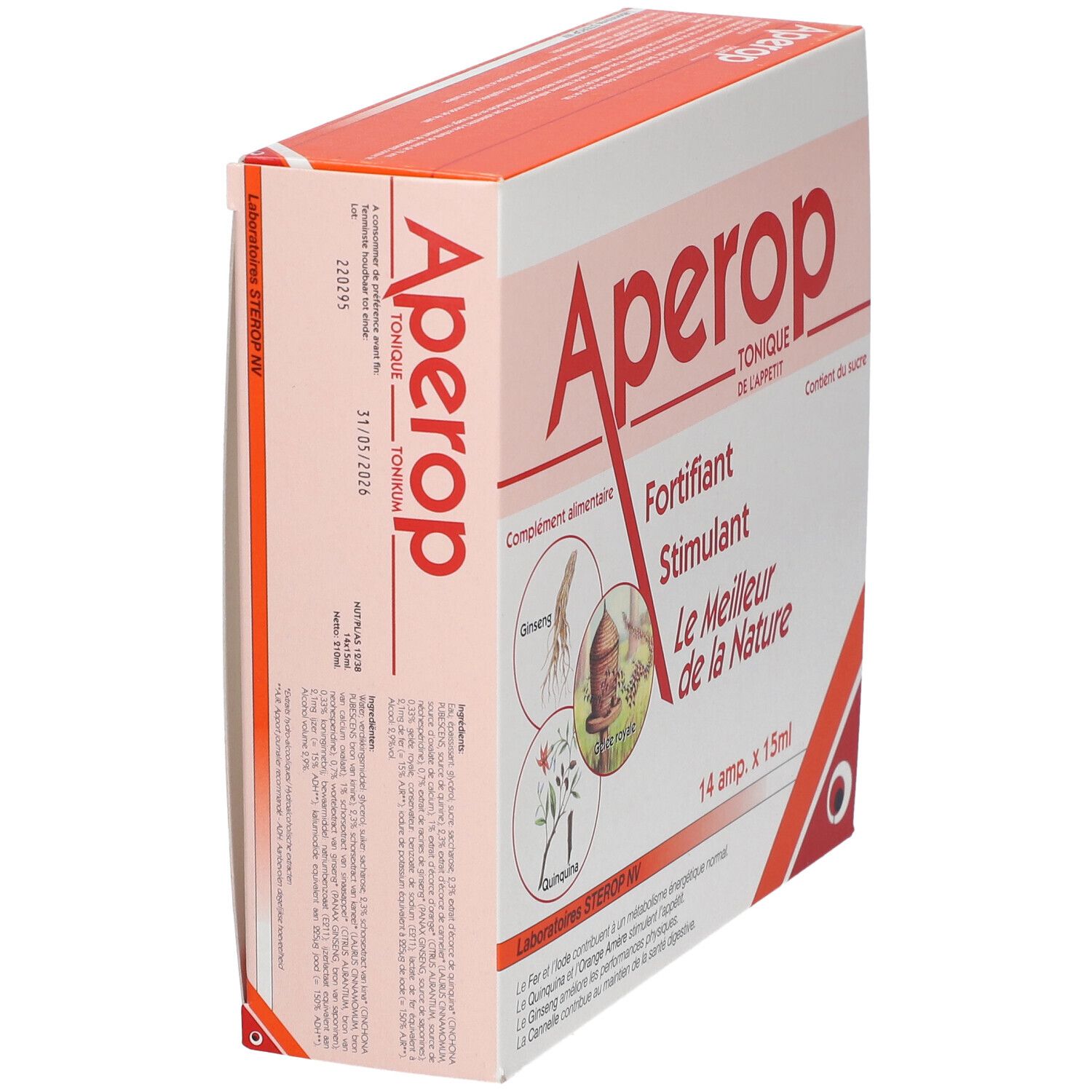 Boîte Aperop en biais. Contient 14 ampoules de 15ml. Ingrédients : Ginseng, Gelée Royale, Quinquina.