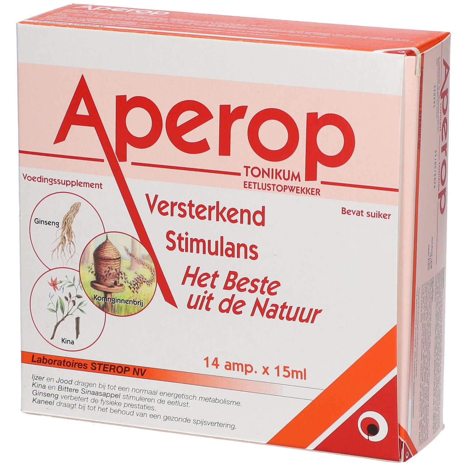 Boîte Aperop, tonique, stimulant l'appétit. Contient 14 ampoules de 15ml. Ingrédients : Ginseng, Gelée Royale, Quinquina.