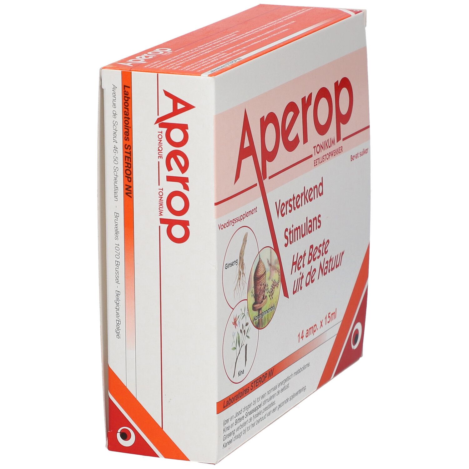 Boîte Aperop en biais, tonique, stimulant l'appétit. Contient 14 ampoules de 15ml. Ingrédients : Ginseng, Gelée Royale.