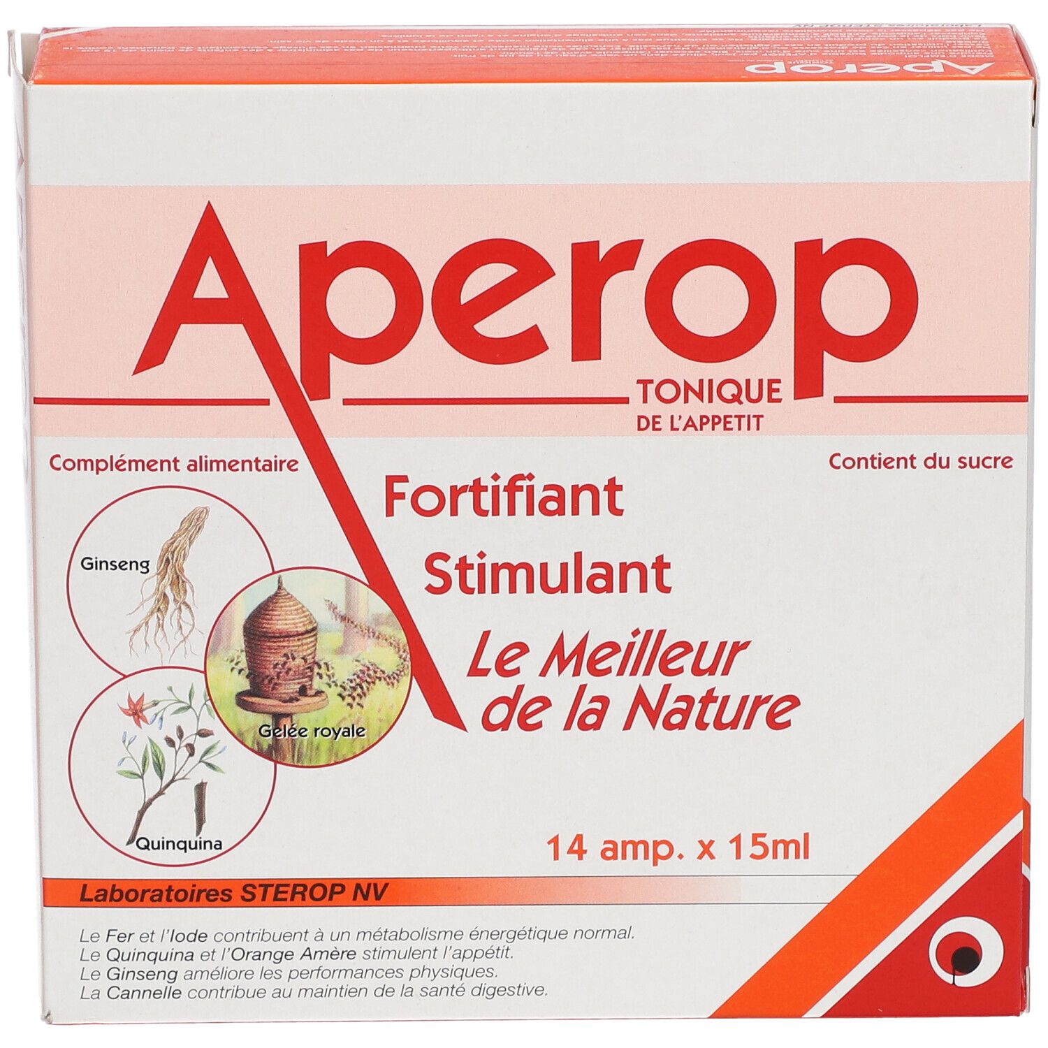 Boîte Aperop, tonique de l'appétit. Contient 14 ampoules de 15ml. Ingrédients : Ginseng, Gelée Royale, Quinquina.