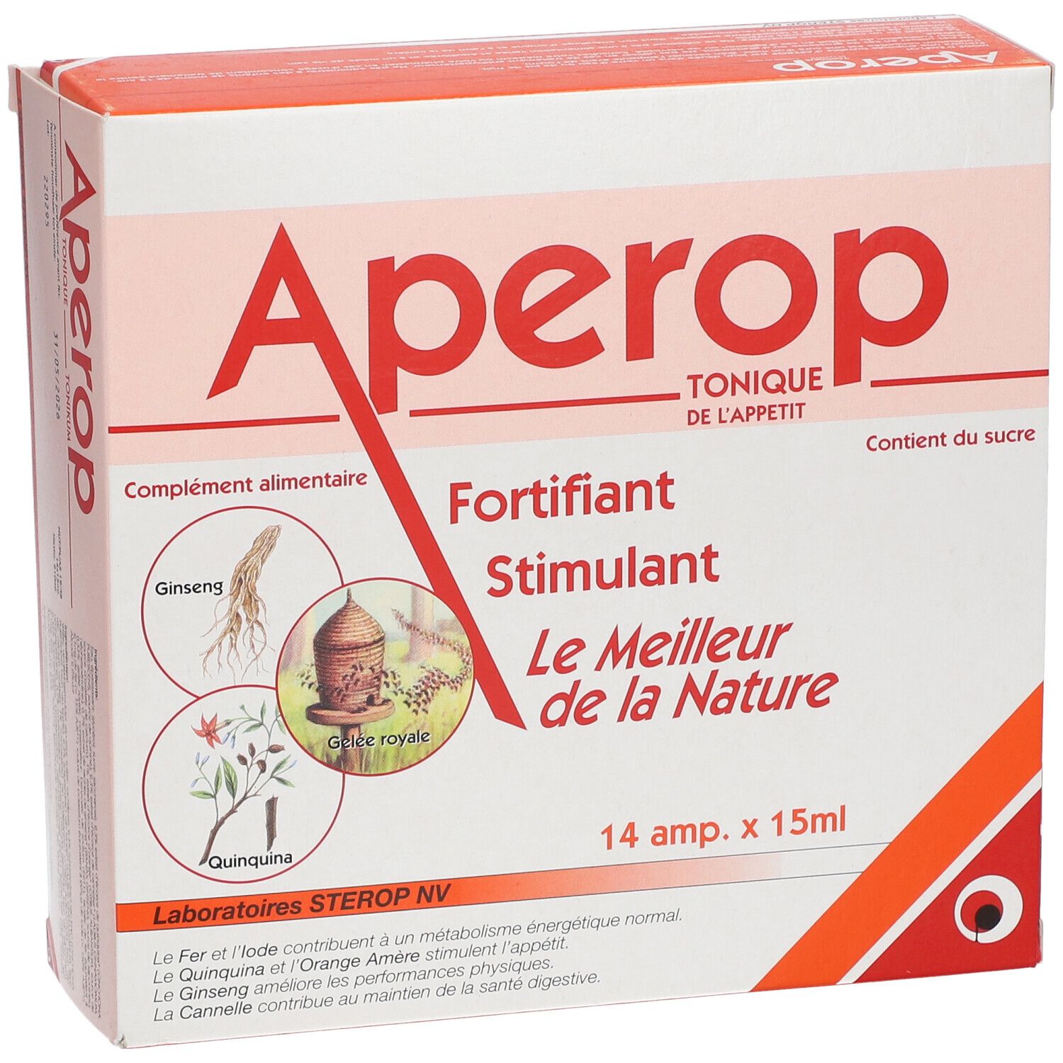 Boîte Aperop, tonique de l'appétit. Contient 14 ampoules de 15ml. Ingrédients : Ginseng, Gelée Royale, Quinquina.