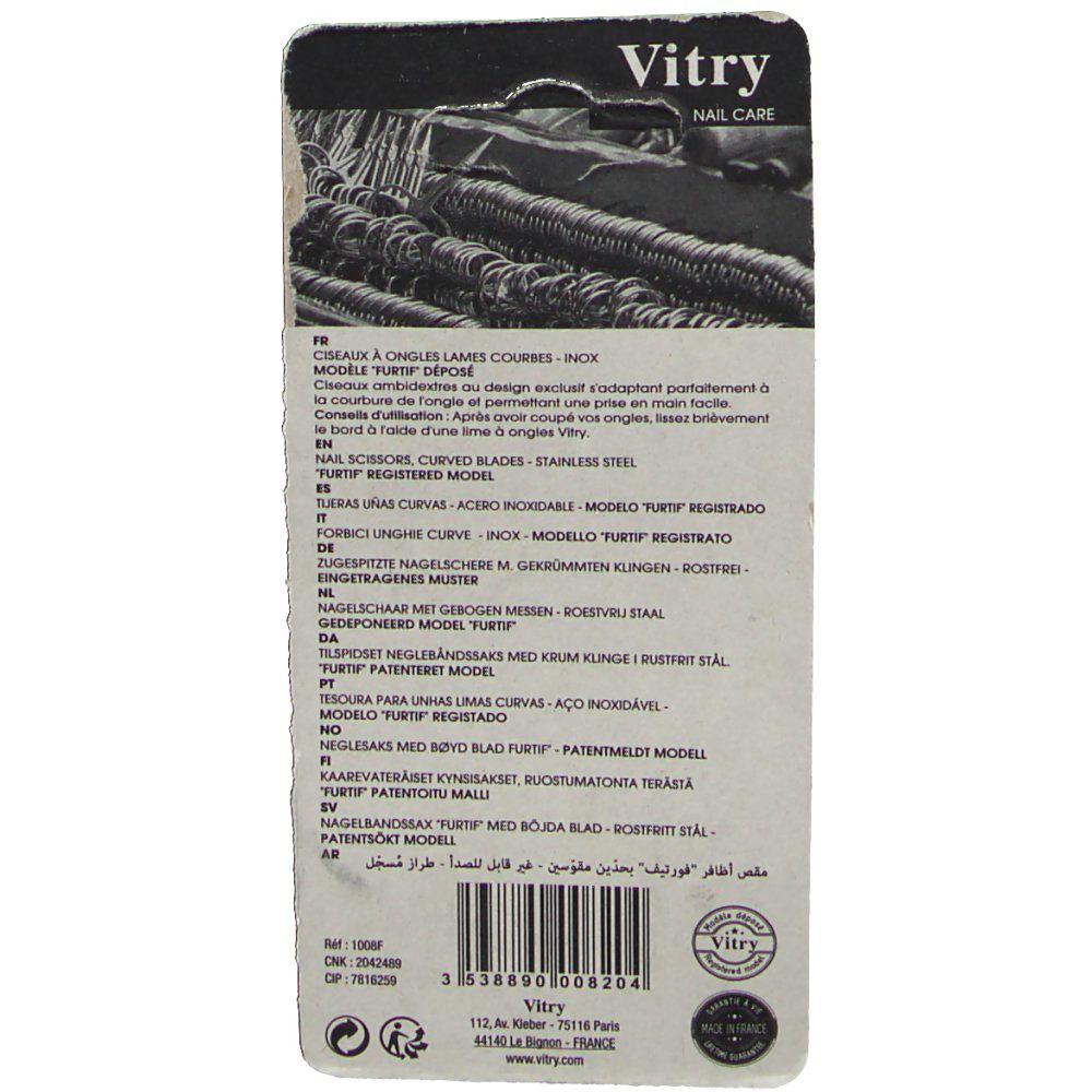 Rückseite der Blisterkarte. Text in mehreren Sprachen. Marke Vitry. Modell 1008F. Barcode und Zertifizierungen.