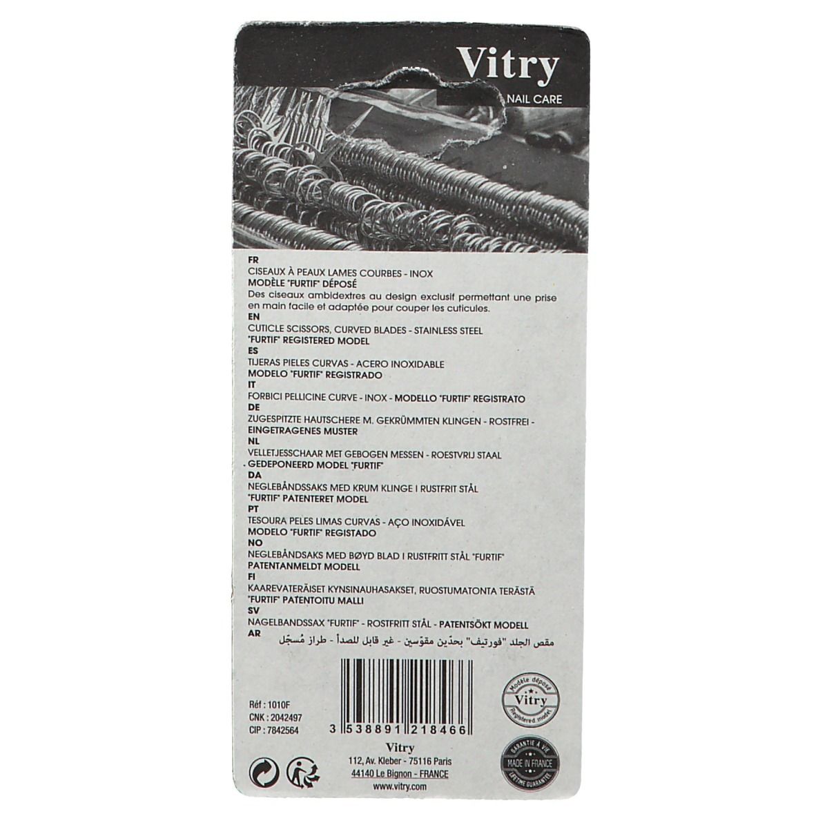 Rückseite der Produktverpackung. Text in mehreren Sprachen. Marke Vitry. Barcode und Qualitätszeichen.