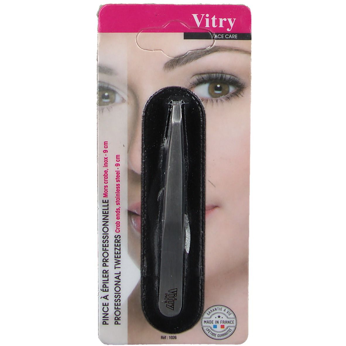 Pince à épiler professionnelle Vitry, pointe biseautée, étui noir. Emballage avec texte et visage.