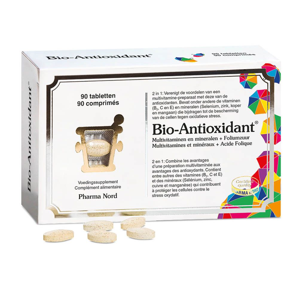Bio-Antioxidant verpakking met tabletten. 90 tabletten. Witte doos met productnaam. Pharma Nord.
