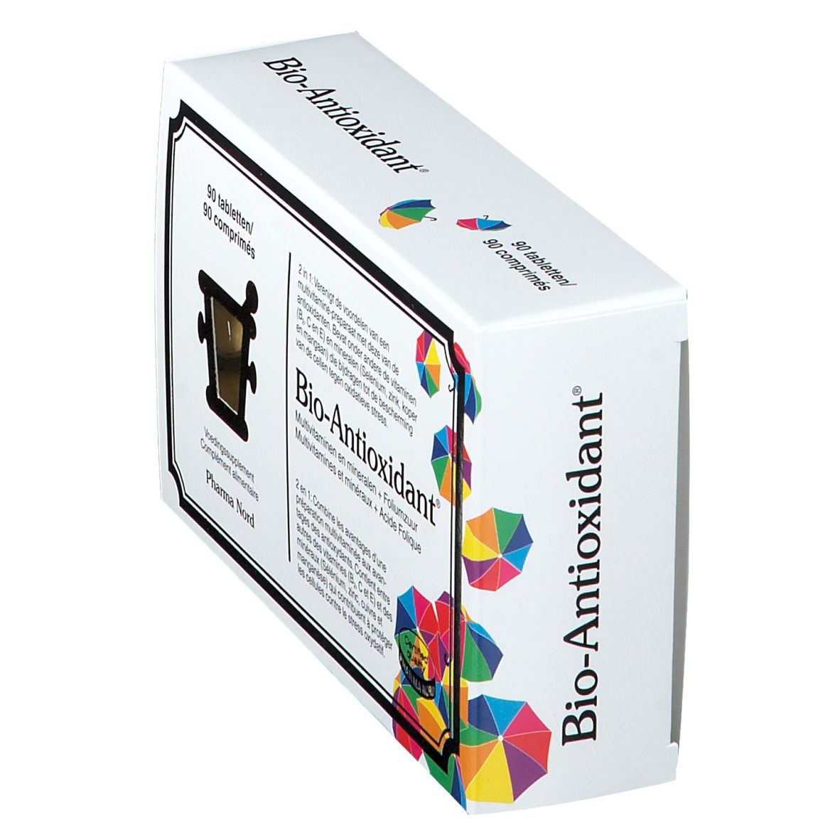 Boîte de Bio-Antioxidant en biais. Boîte blanche avec nom et logo du produit. 90 comprimés. Pharma Nord.