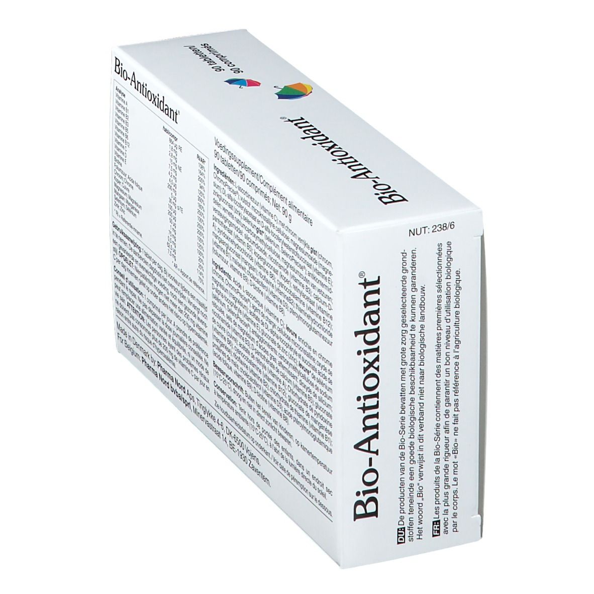 Boîte de Bio-Antioxidant en biais. Dos avec texte. Pharma Nord. Contient 90 comprimés.