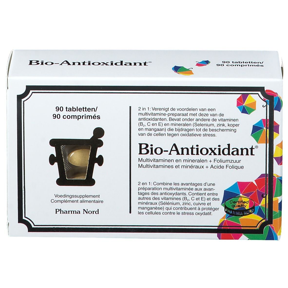 Boîte de Bio-Antioxidant. Contient 90 comprimés. Boîte blanche avec nom et logo du produit. Pharma Nord.
