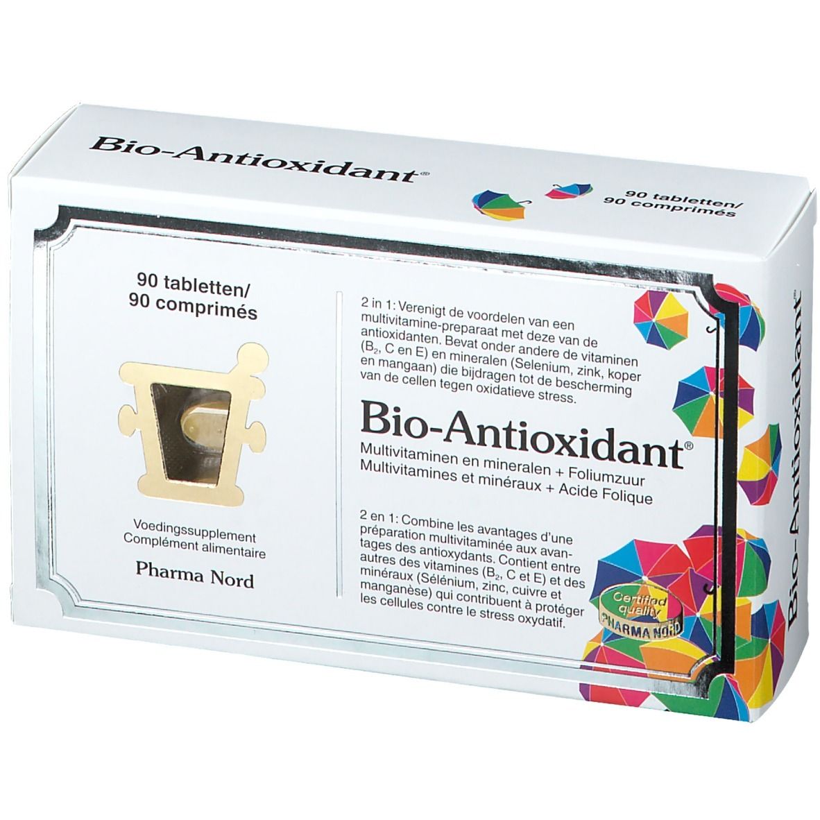 Boîte de Bio-Antioxidant. Contient 90 comprimés. Boîte blanche avec nom et logo du produit. Pharma Nord.