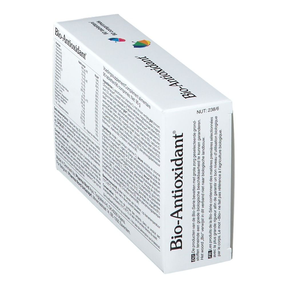 Bio-Antioxidant verpakking, schuin. Achterkant met tekst. Pharma Nord. Bevat 90 tabletten.