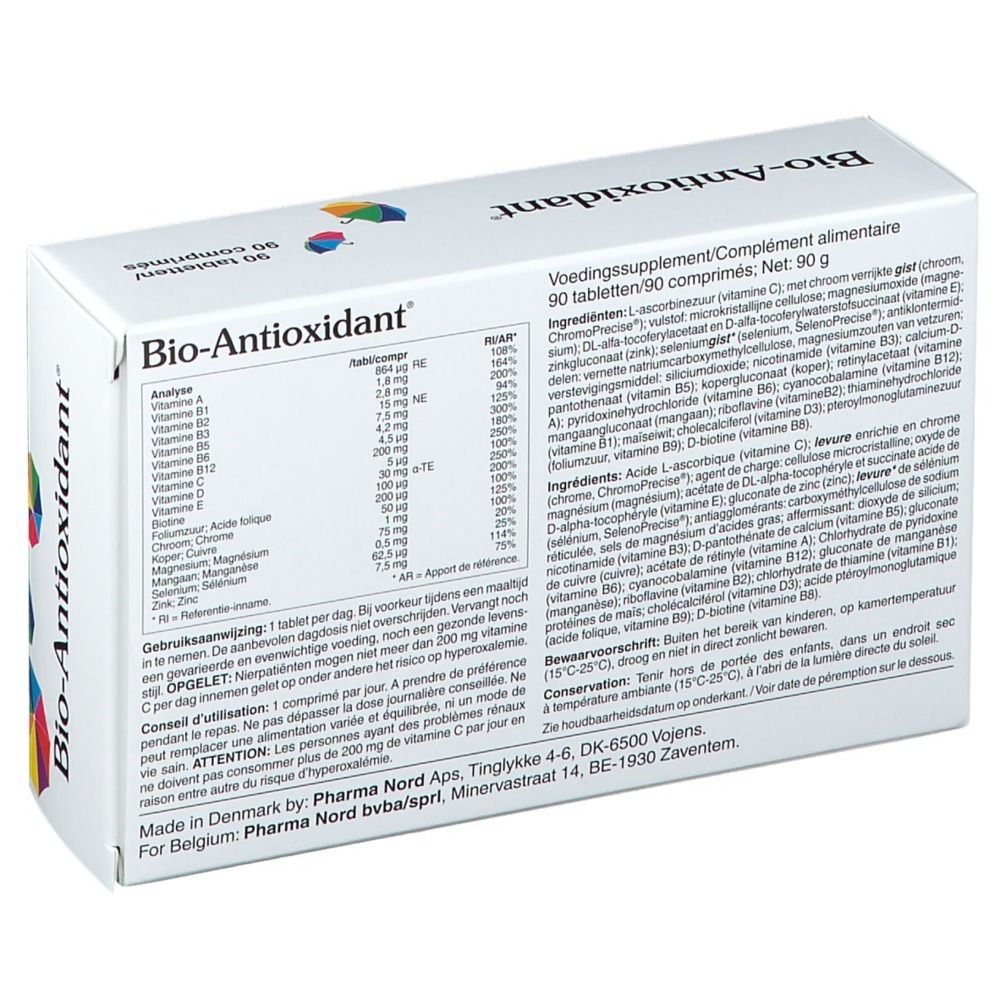 Achterkant van de Bio-Antioxidant verpakking. Bevat informatie over ingrediënten en voedingswaarden. Pharma Nord.