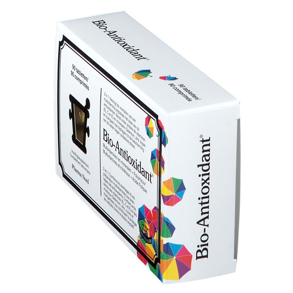 Bio-Antioxidant verpakking, schuin. Achterkant met tekst. Pharma Nord. Bevat 90 tabletten.