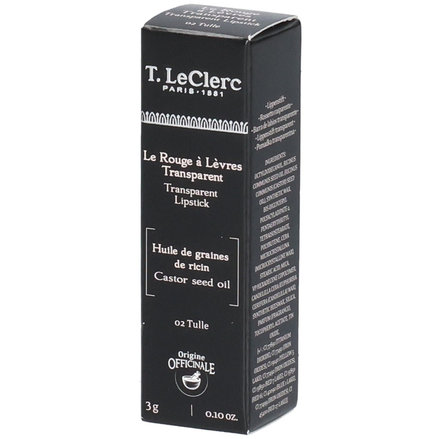 Schwarze Verpackung mit Text. Enthält: T.LeClerc Transparent Lipstick, 3g, 0.10 oz. Inhaltsstoffe und Ursprungsbezeichnung.